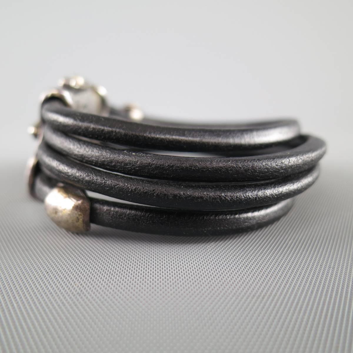 Women's or Men's ALKEMIE Black Leather Multi-Strap Black Stone Sterling Silver Closure Bracelet