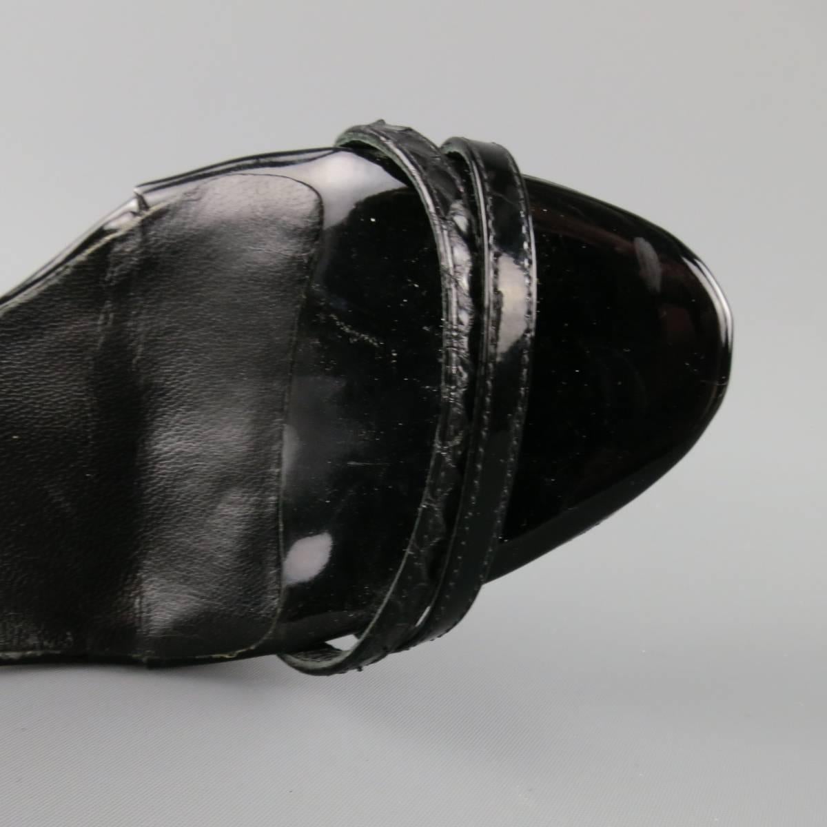 MANOLO BLAHNIK Size 6.5 Black Patent Snake Skin Leather Ankle Strap Sandals 1