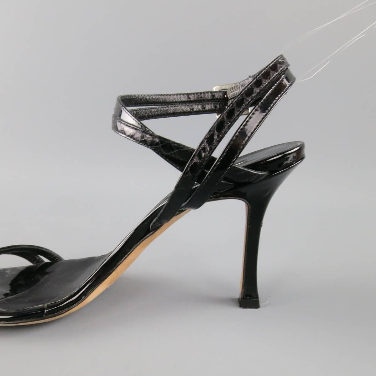 MANOLO BLAHNIK Size 6.5 Black Patent Snake Skin Leather Ankle Strap Sandals 2