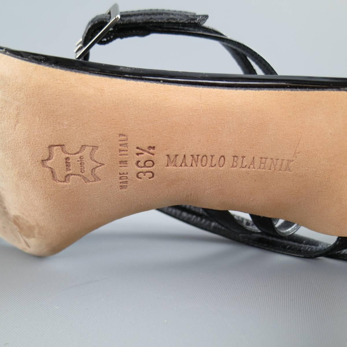 MANOLO BLAHNIK Size 6.5 Black Patent Snake Skin Leather Ankle Strap Sandals 5