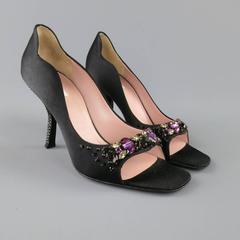PRADA Size 6 Black Silk Purple Crystal Peep Toe Curved Stud Heel Pumps