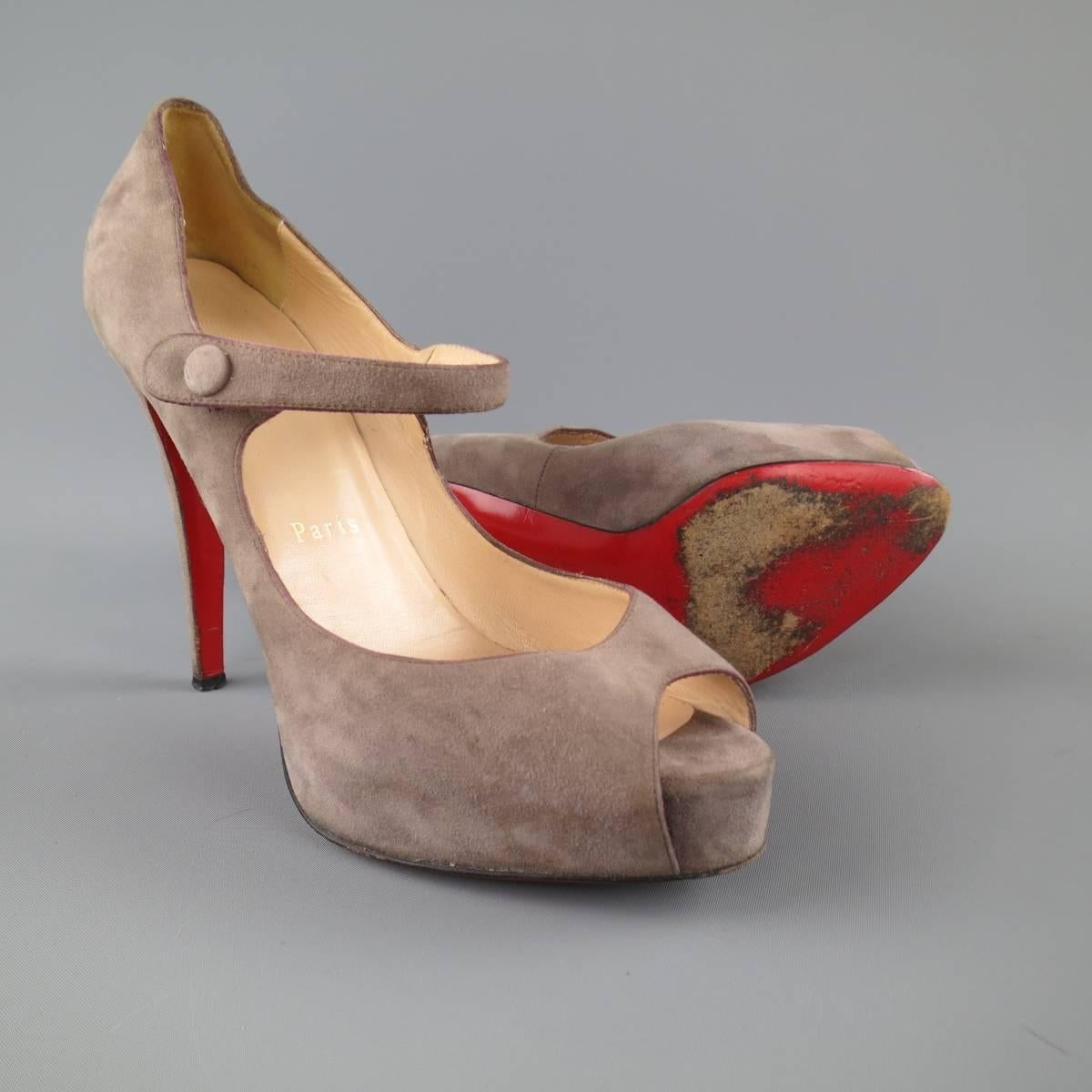 Brown CHRISTIAN LOUBOUTIN Size 10 Taupe Gray Suede Platform Mary Jane Pumps