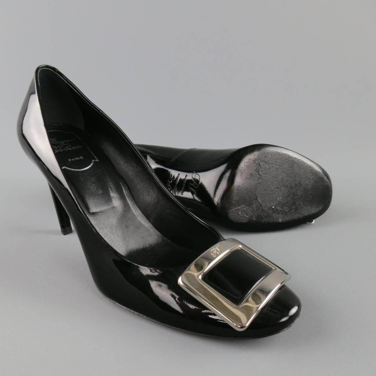 ROGER VIVIER Size 9 Black Patent Leather Silver Buckle Pumps In Good Condition In San Francisco, CA