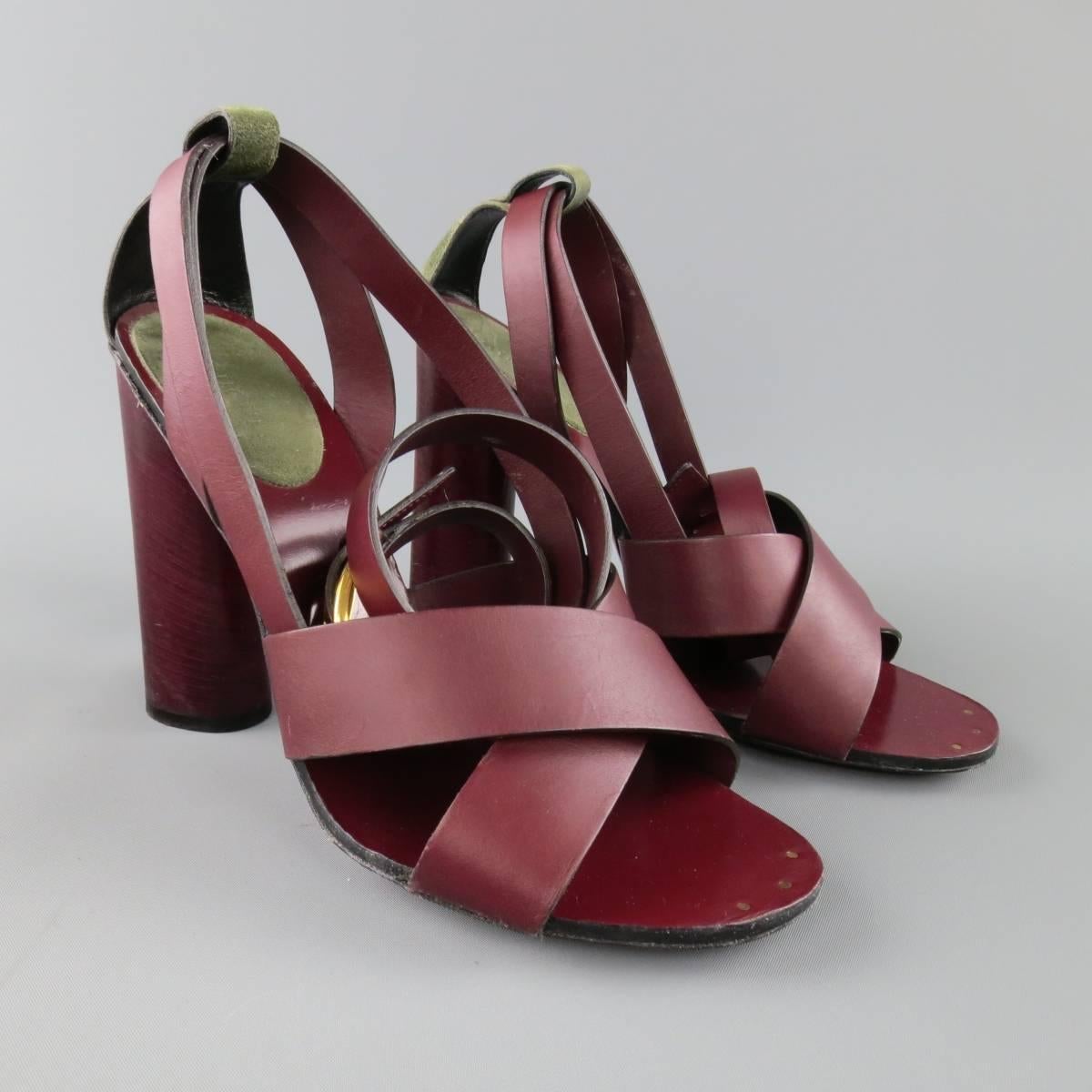 Brown GUCCI Size 9.5 Burgundy Leather Chunky Heel Wrap Strap Sandals