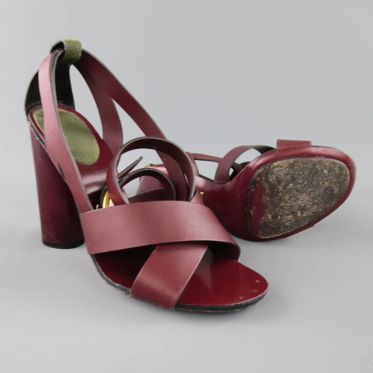 Women's GUCCI Size 9.5 Burgundy Leather Chunky Heel Wrap Strap Sandals