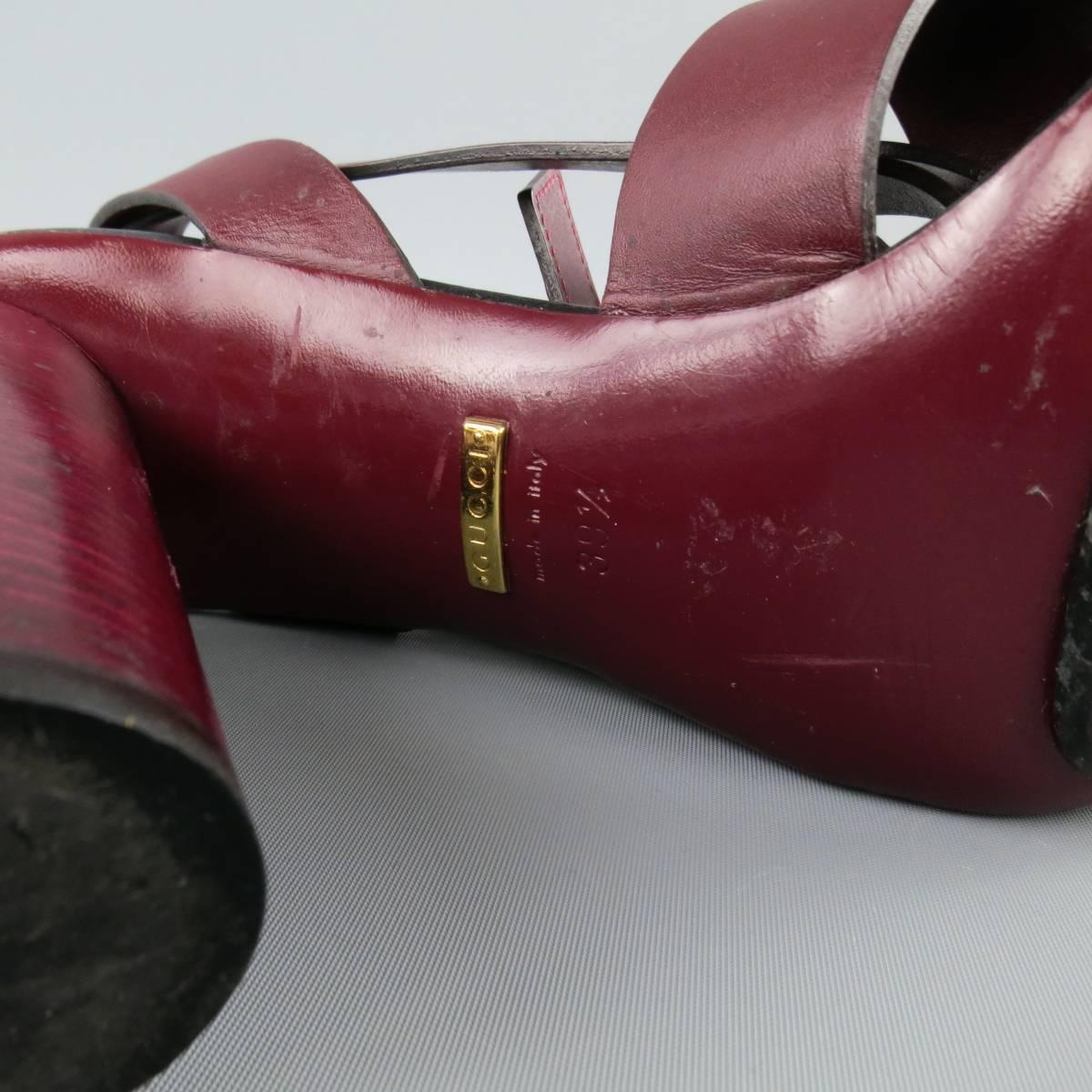 GUCCI Size 9.5 Burgundy Leather Chunky Heel Wrap Strap Sandals 2