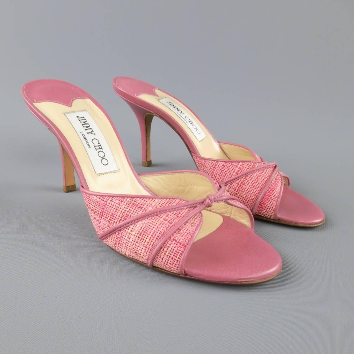 JIMMY CHOO Size 7.5 Pink Woven Raffia & Leather Open Toe Mules In Good Condition In San Francisco, CA