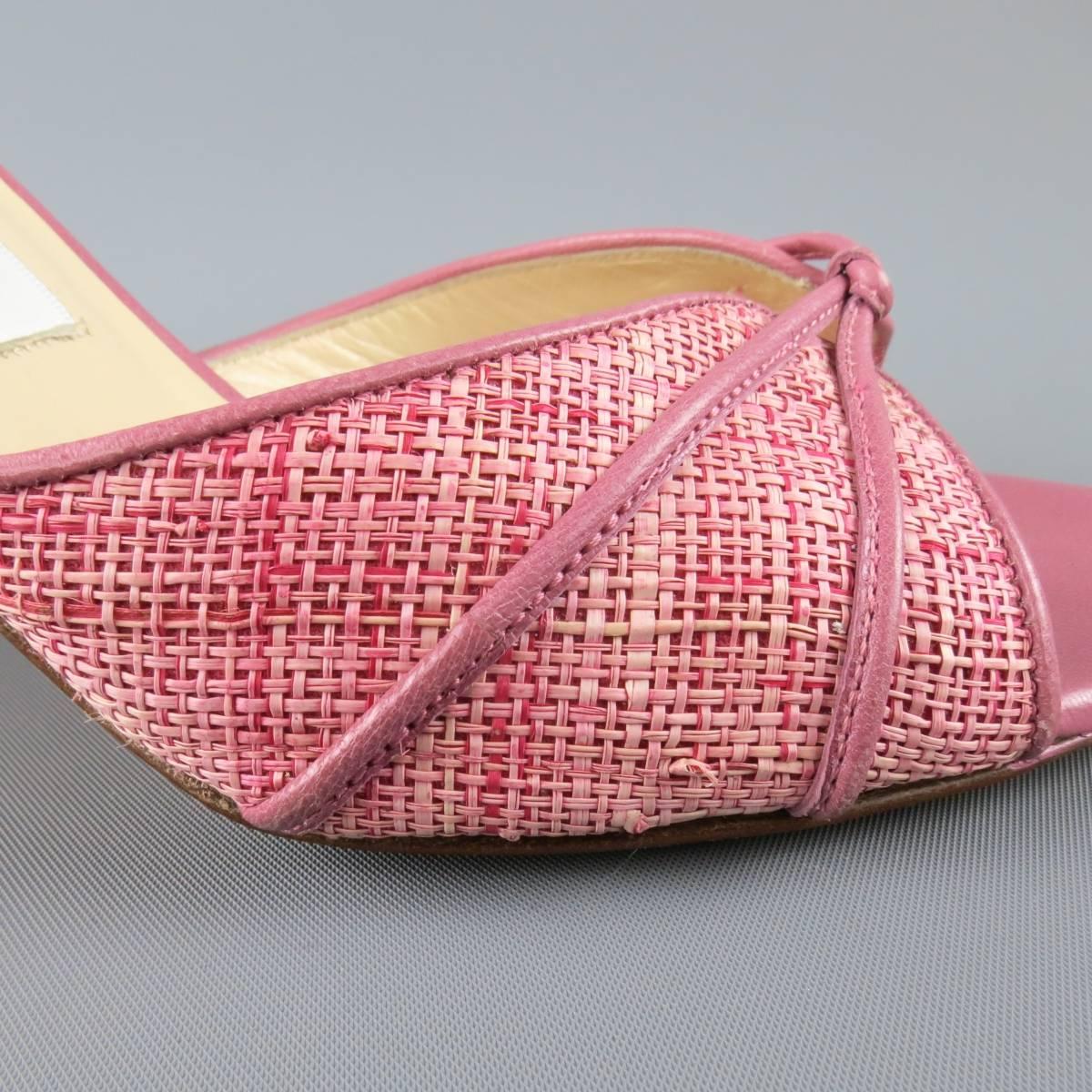 JIMMY CHOO summer mules in muted pink leather featuring a woven raffia strap with piping and covered kitten heel. Made in Italy.
 
Good Pre-Owned Condition.
Marked: IT 37.5
 
Heel: 3.5 in.


Web ID: 80865 