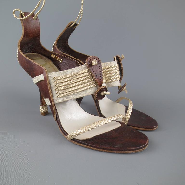 CHRISTIAN DIOR Size 7.5 Brown and Silver Leather Ankle Strap Sandals For Sale at 1stdibs