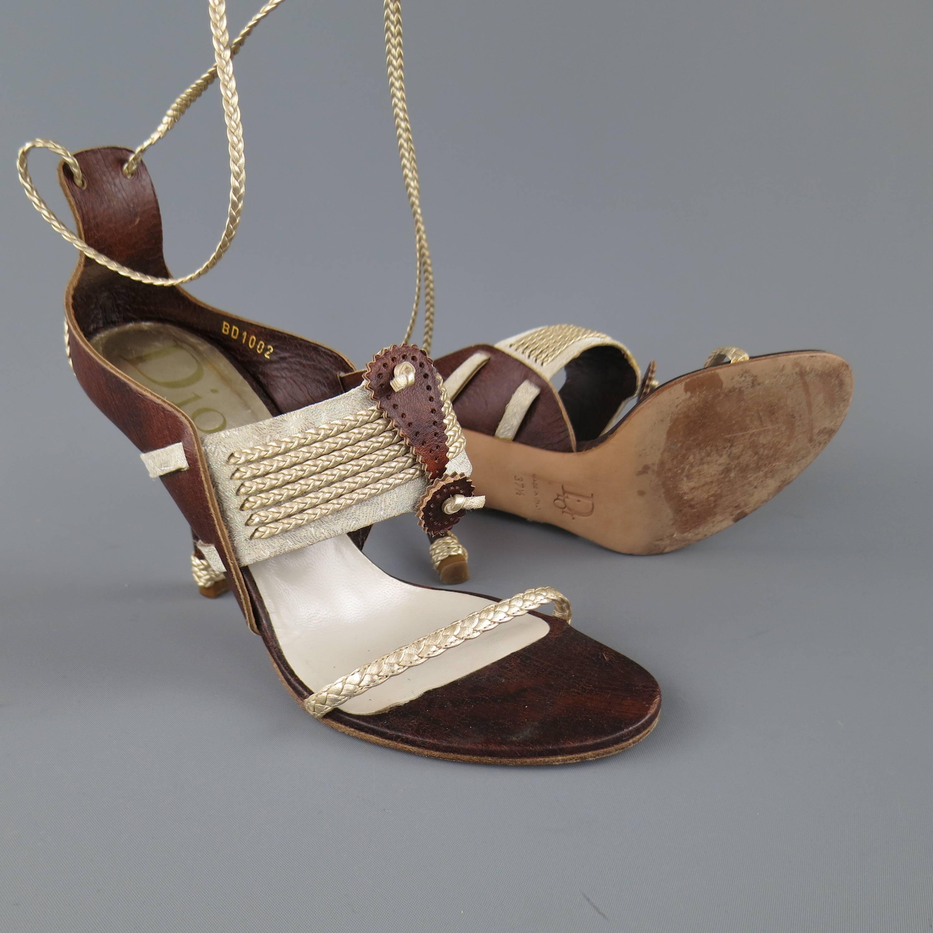 CHRISTIAN DIOR Size 7.5 Brown & Silver Leather Ankle Strap Sandals In Excellent Condition In San Francisco, CA