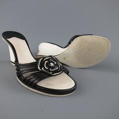 CHANEL Size 8 Black & White Leather Camellia Wedge Sandals