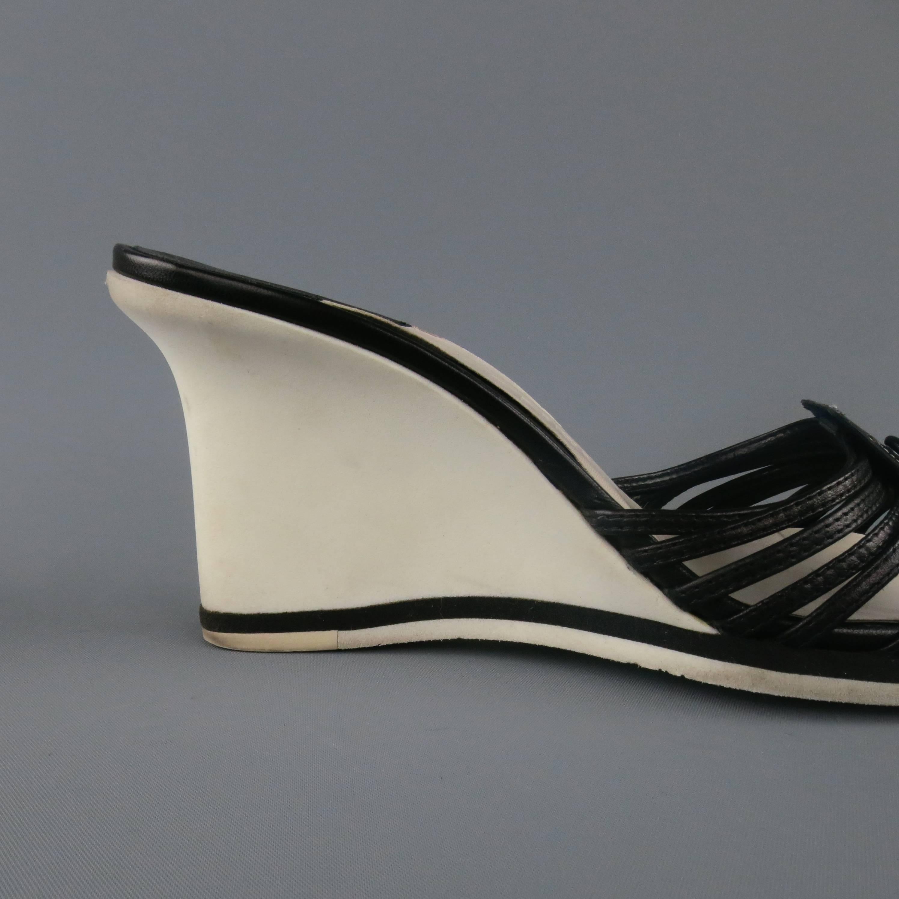Women's CHANEL Size 8 Black & White Leather Camellia Wedge Sandals