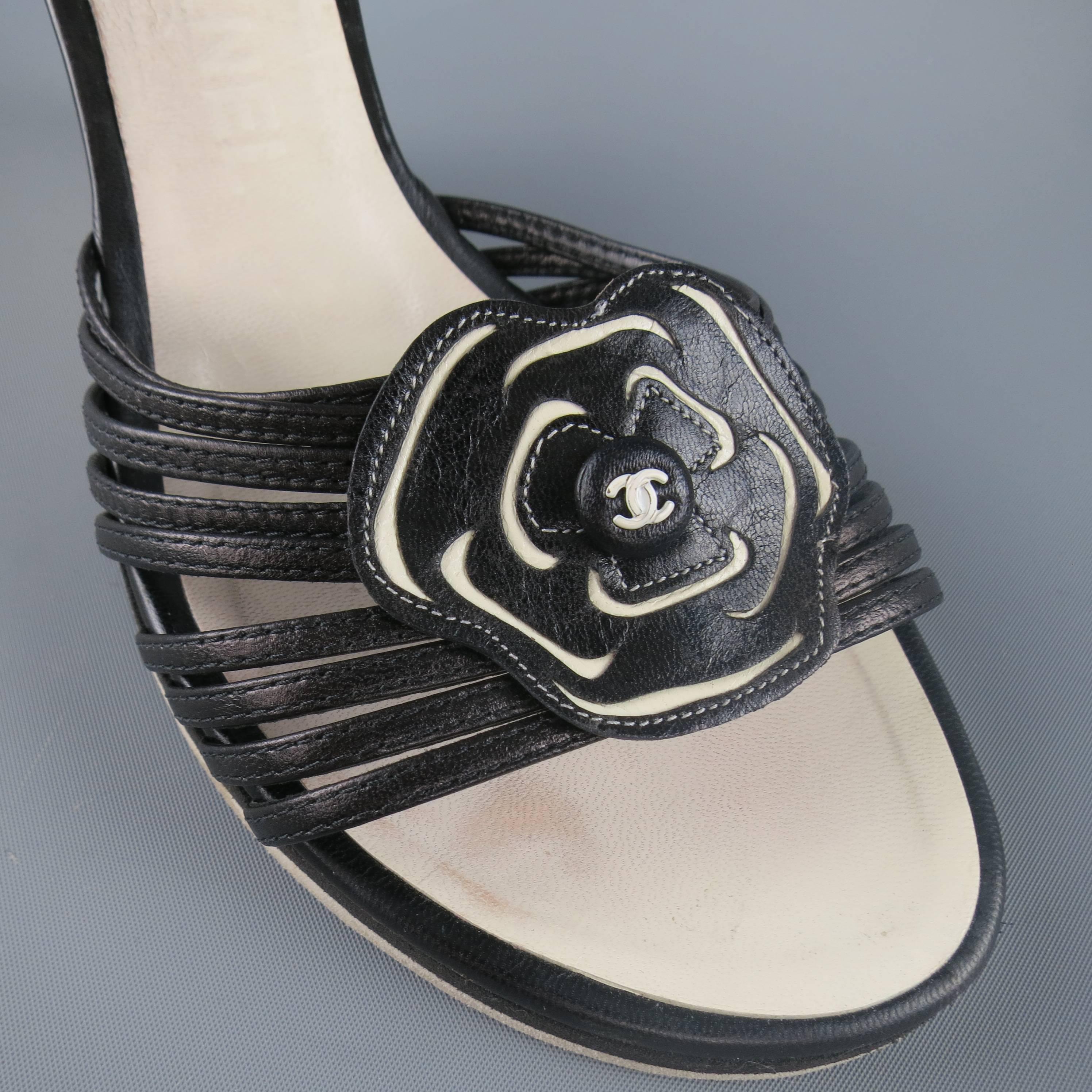 Beige CHANEL Size 8 Black & White Leather Camellia Wedge Sandals