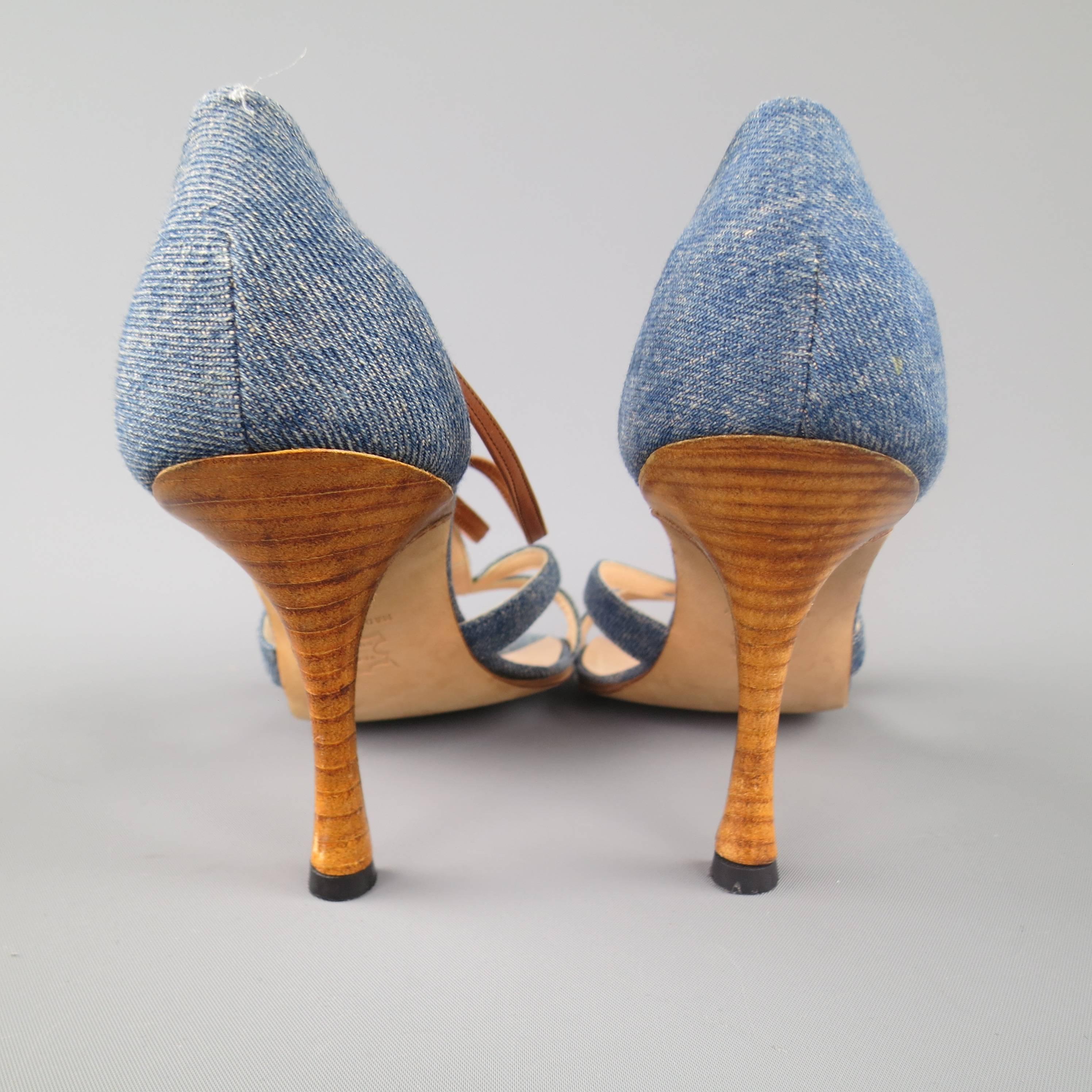 Women's MANOLO BLAHNIK Size 8 Blue Denim & Tan Leather Strappy Sandals