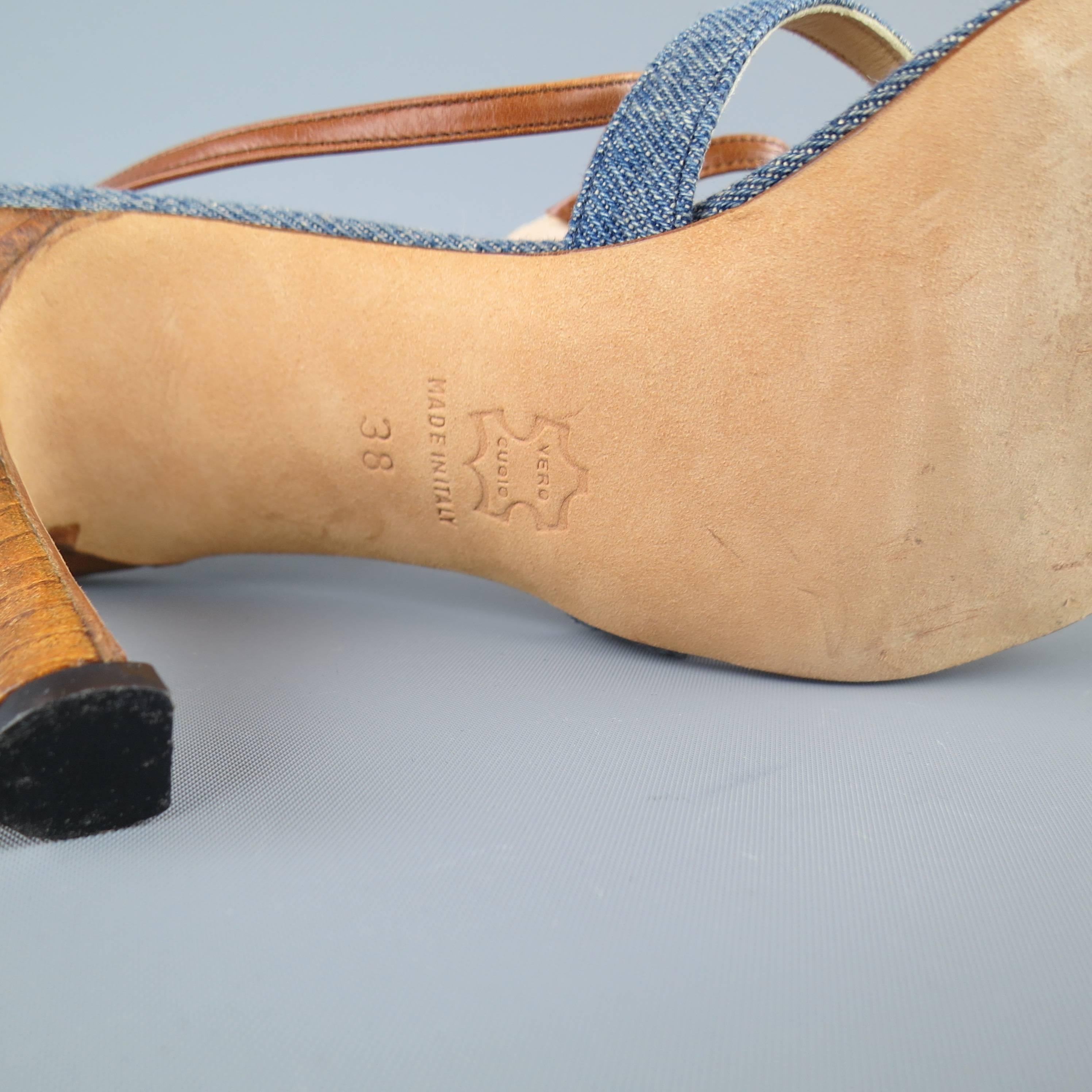 MANOLO BLAHNIK Size 8 Blue Denim & Tan Leather Strappy Sandals 1