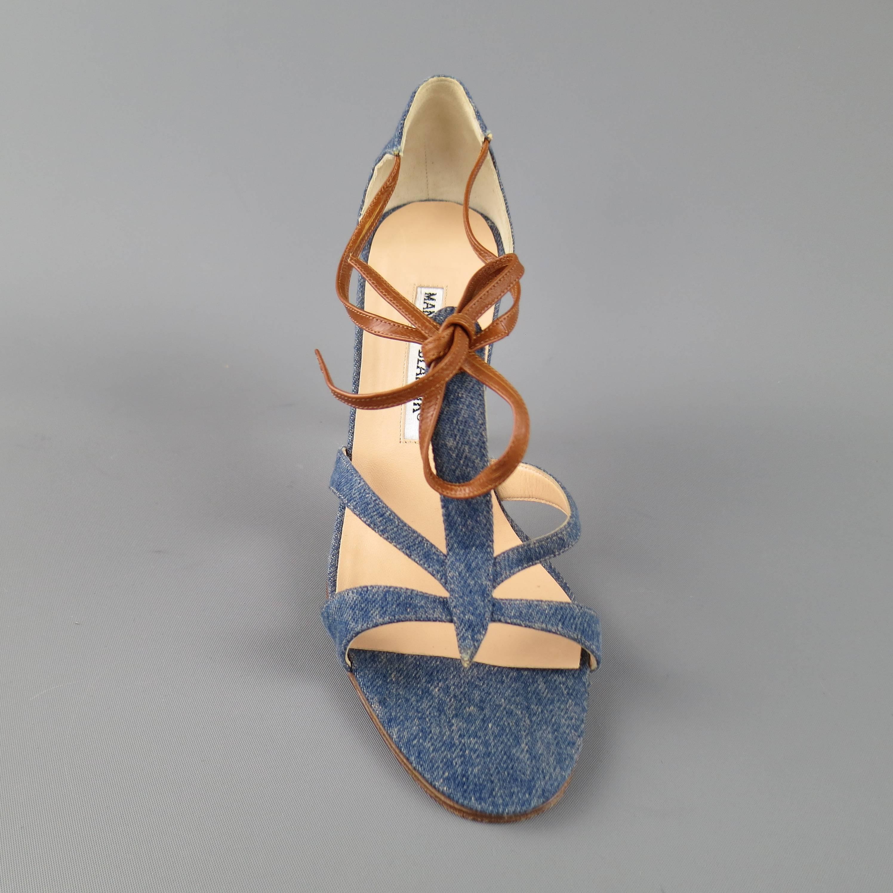 MANOLO BLAHNIK Size 8 Blue Denim & Tan Leather Strappy Sandals In Good Condition In San Francisco, CA