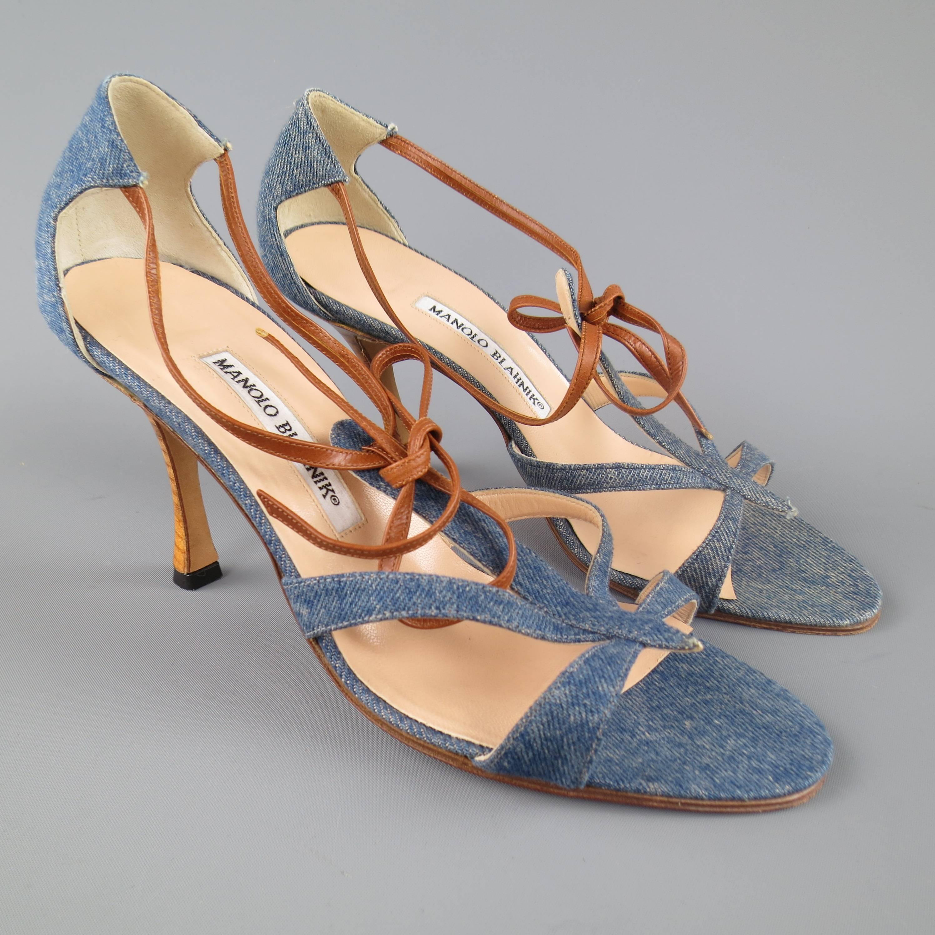 Beige MANOLO BLAHNIK Size 8 Blue Denim & Tan Leather Strappy Sandals