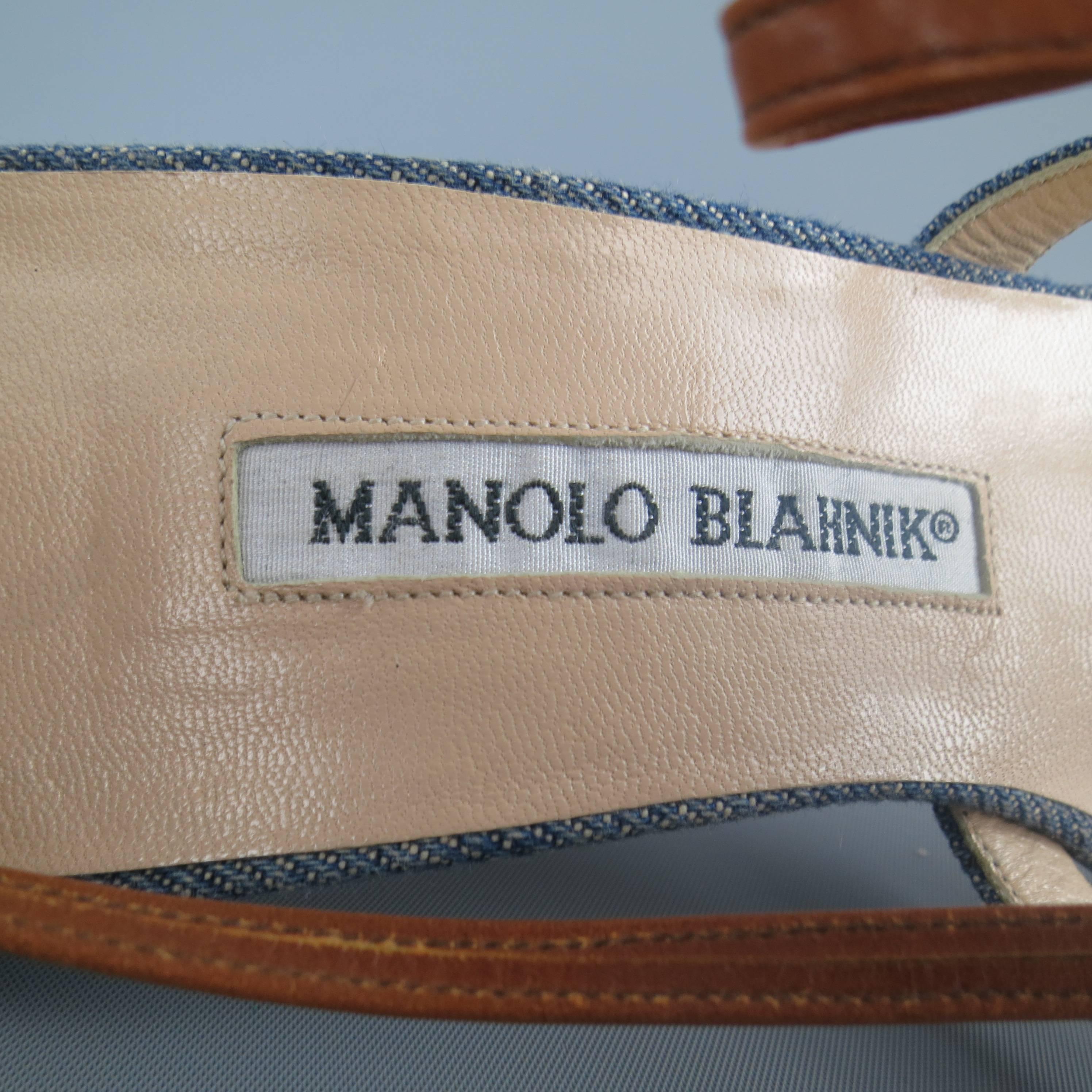MANOLO BLAHNIK Size 8 Blue Denim & Tan Leather Strappy Sandals 2