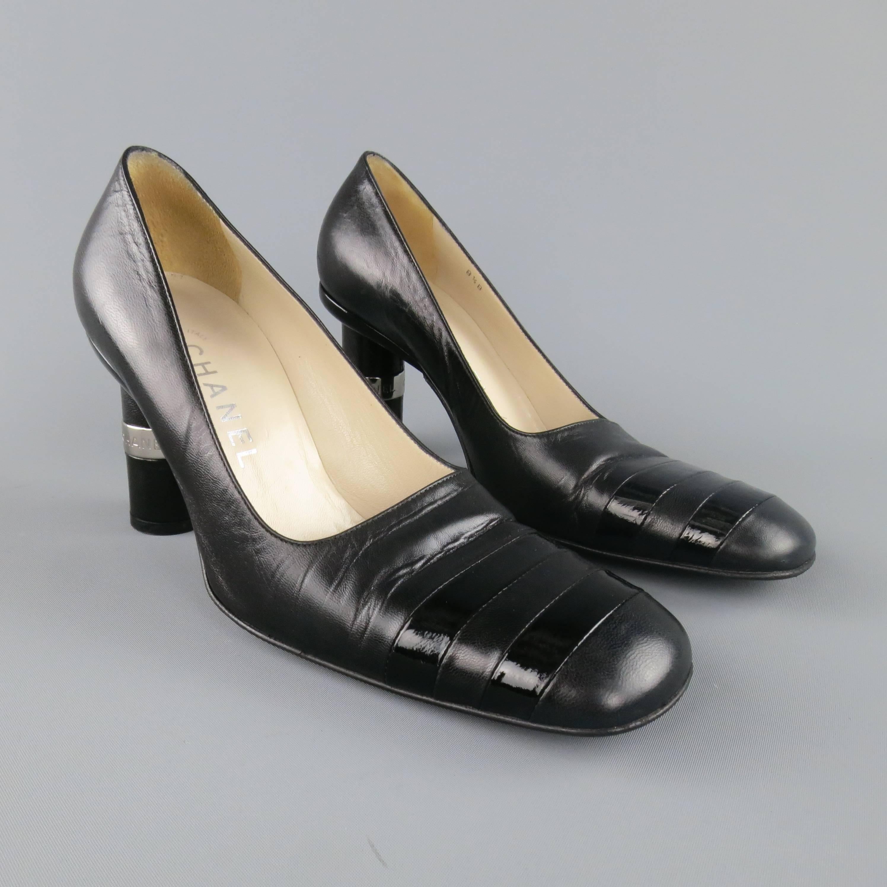Women's Vintage CHANEL Size 8.5 Black Leather Silver Logo Round Heel Pumps