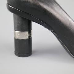 Vintage CHANEL Size 8.5 Black Leather Silver Logo Round Heel Pumps