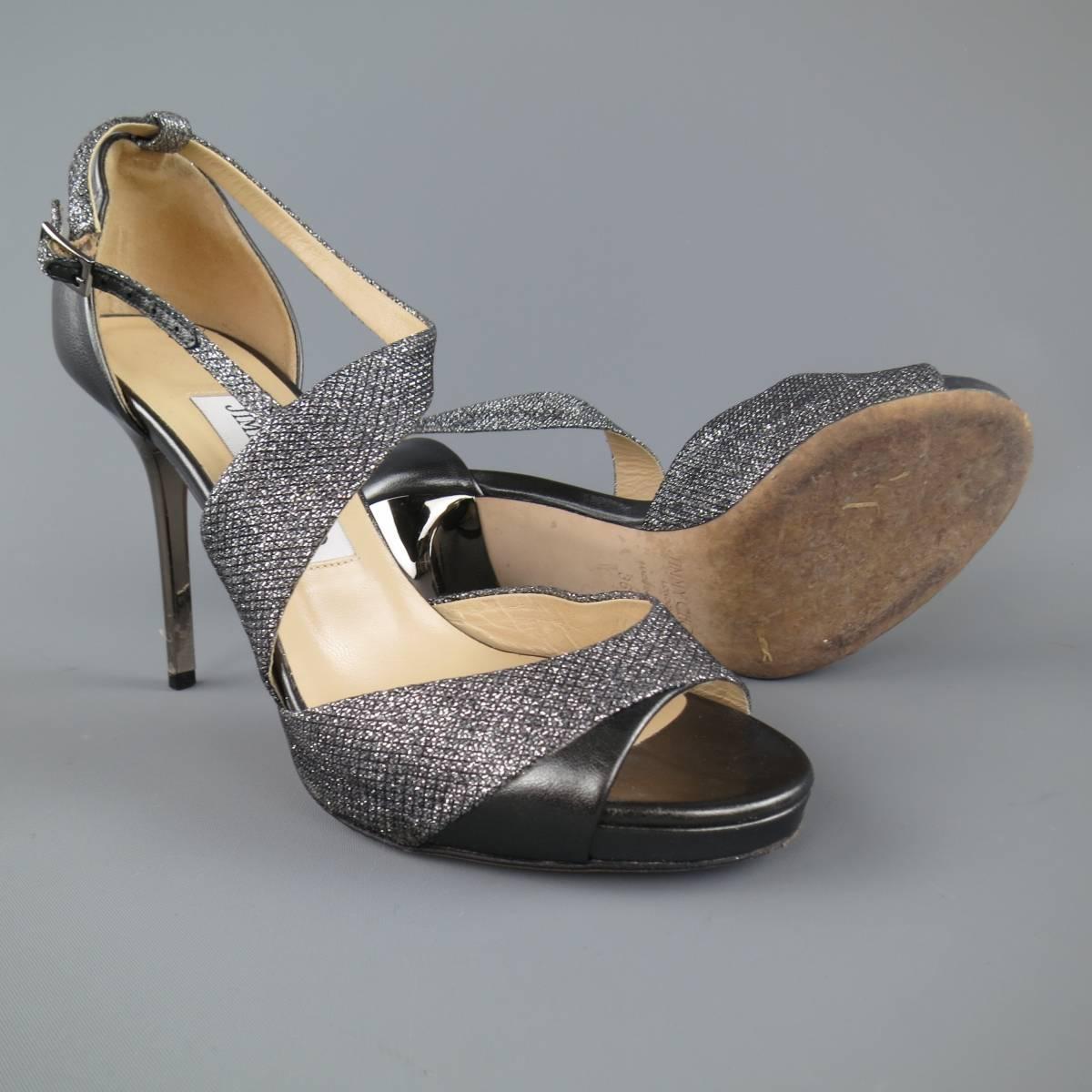 Women's JIMMY CHOO Size 6 Silver Metallic Fabric & Leather Tyne Platform Sandals