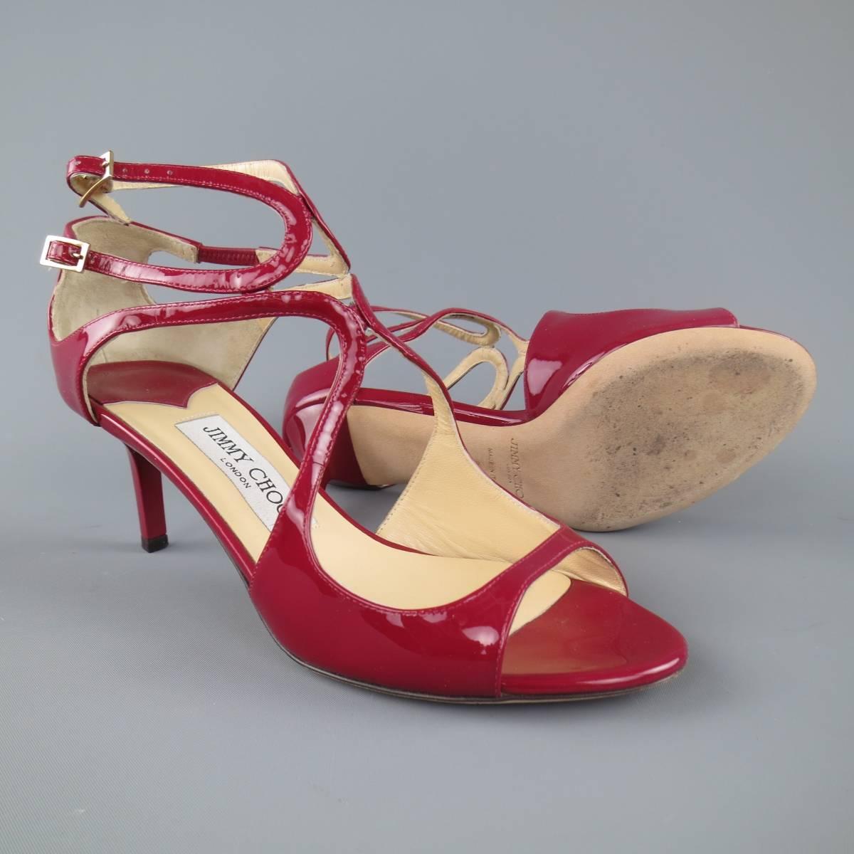 JIMMY CHOO Size 6 Burgundy Red Patent Leather Lang Strappy Sandals In Excellent Condition In San Francisco, CA
