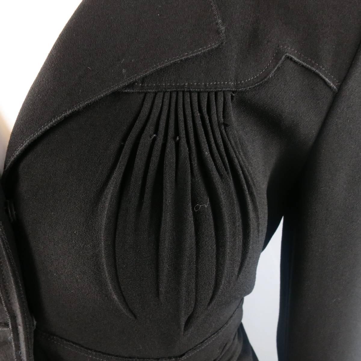 PRADA Size 8 Black Crepe Pleated Bust Gold Leather Trim Shirt Jacket In Good Condition In San Francisco, CA