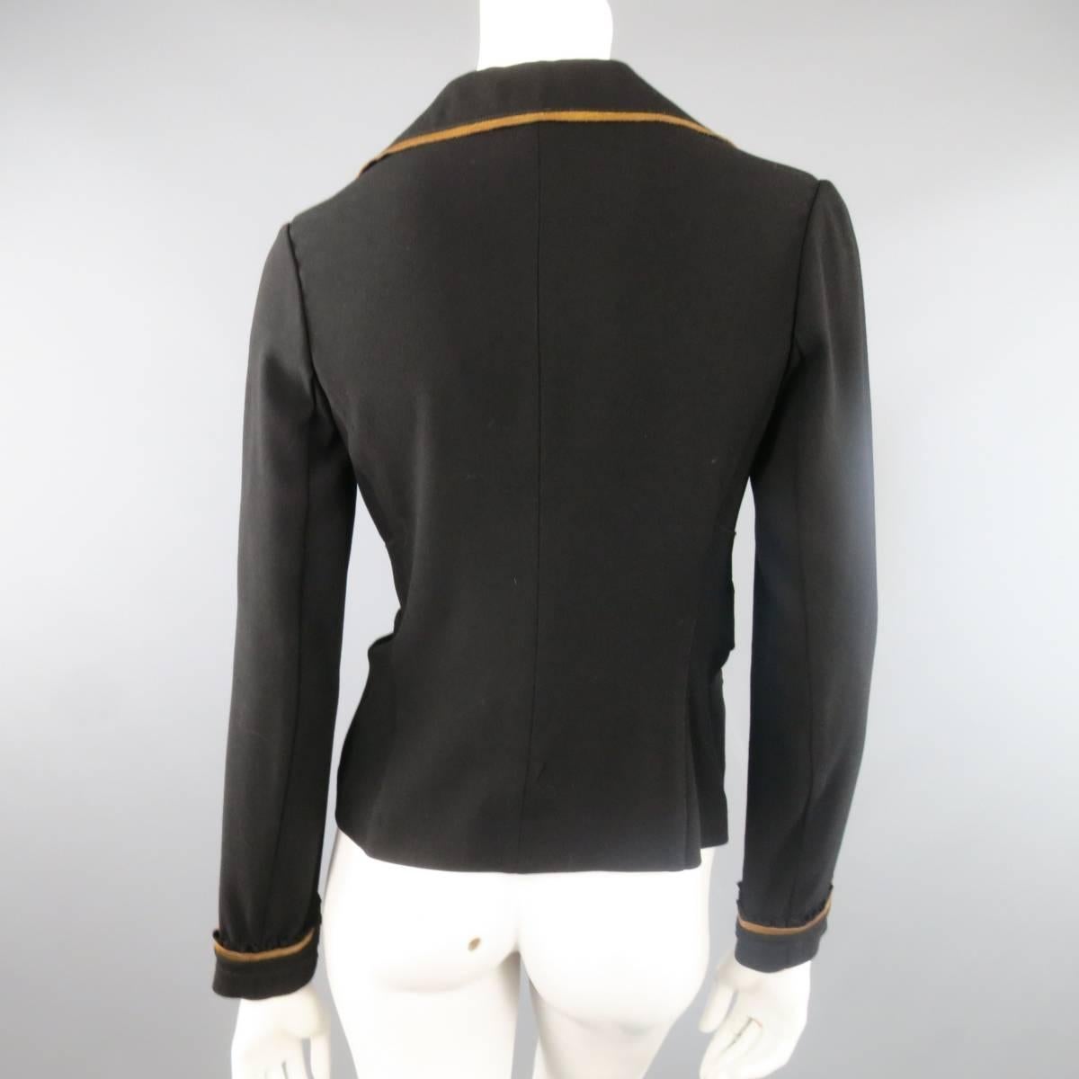 PRADA Size 8 Black Crepe Pleated Bust Gold Leather Trim Shirt Jacket 2