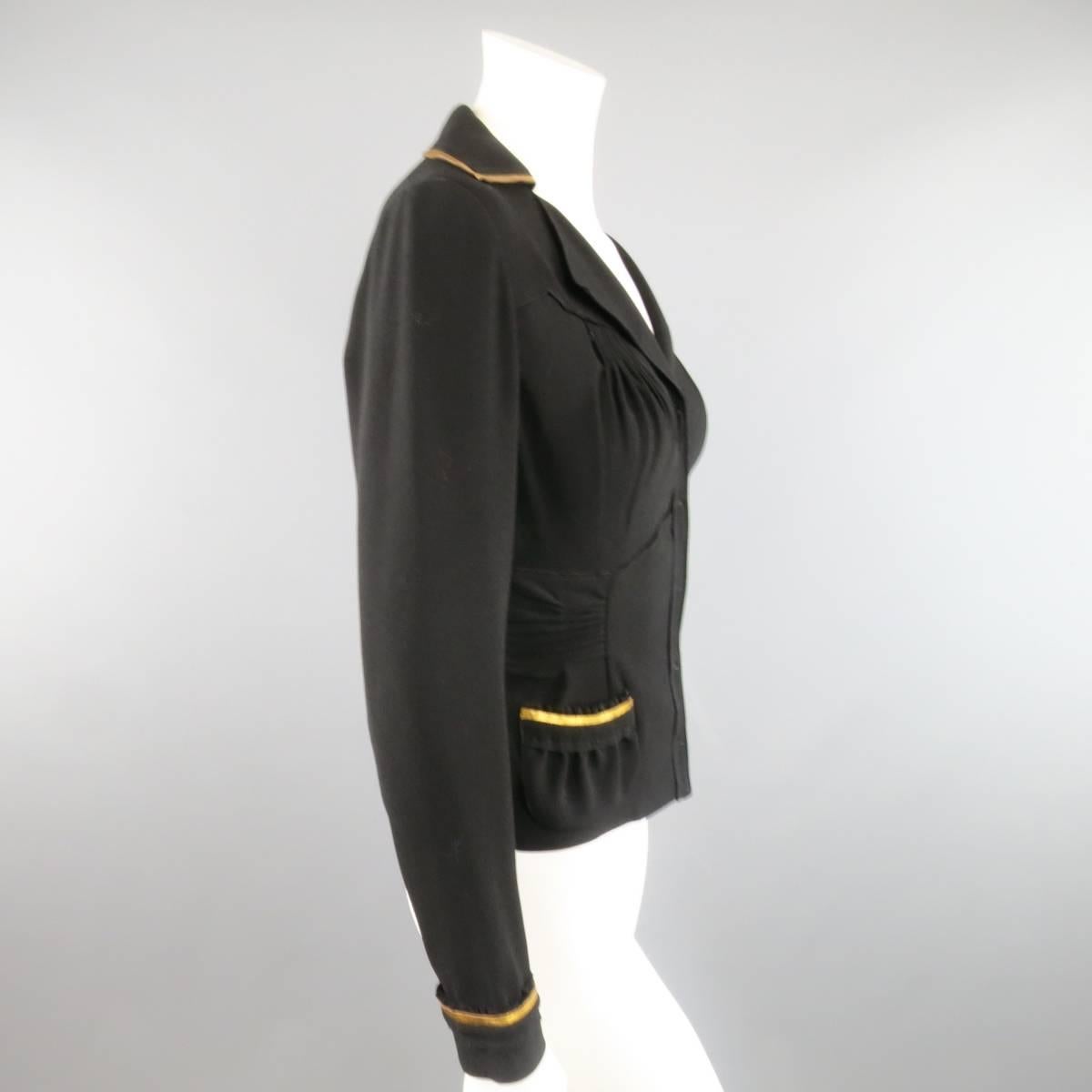 PRADA Size 8 Black Crepe Pleated Bust Gold Leather Trim Shirt Jacket 1