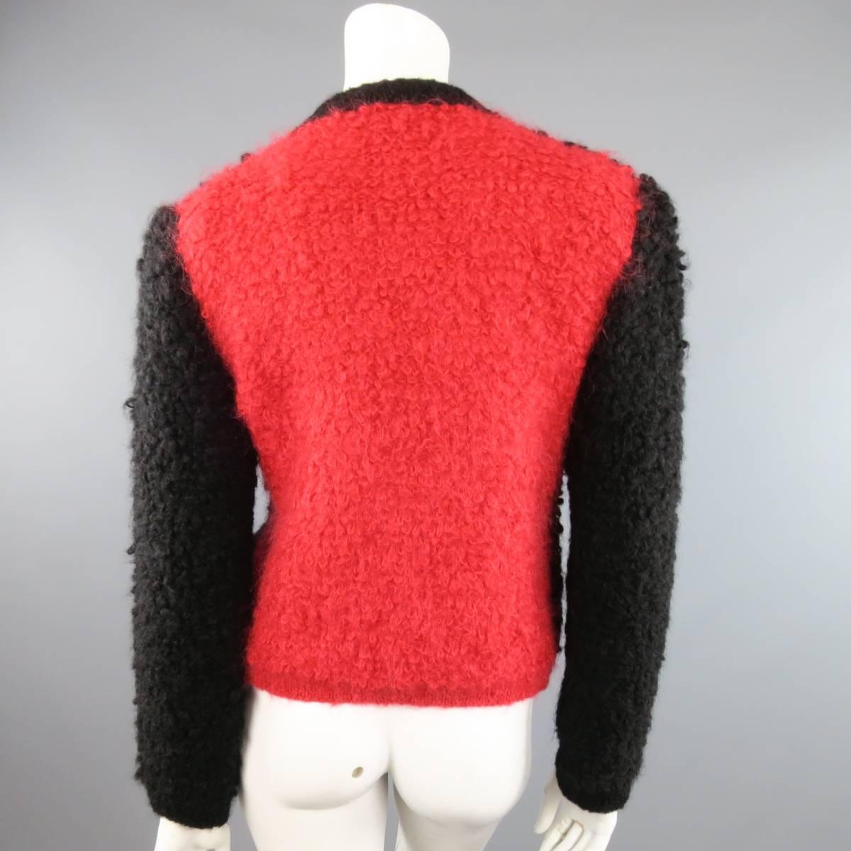 SONIA RYKIEL Black & Red Fuzzy Wool Knit Tie Cardigan Jacket 1