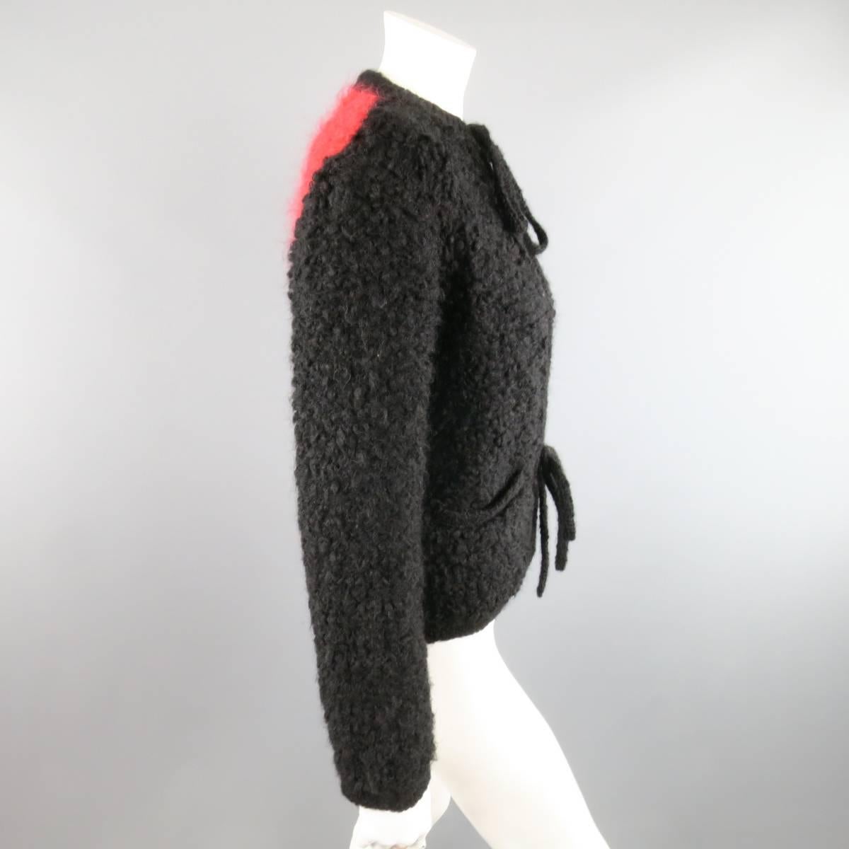 Women's SONIA RYKIEL Black & Red Fuzzy Wool Knit Tie Cardigan Jacket