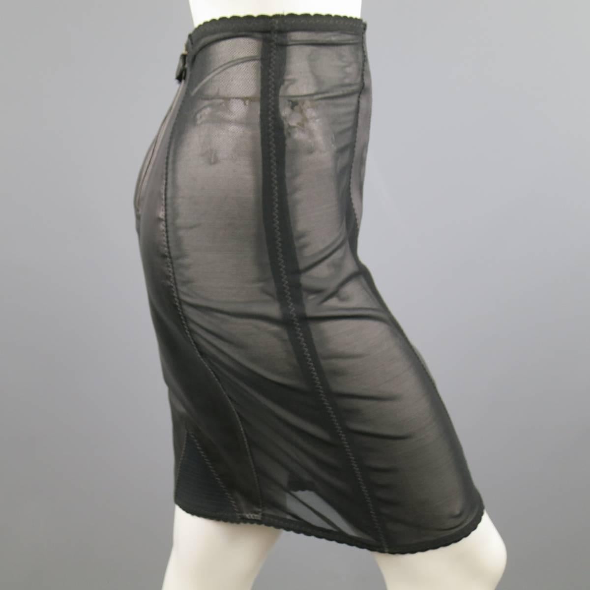 Women's Jean Paul Gaultier Black Leather and Mesh Panel Girdle Pencil Skirt