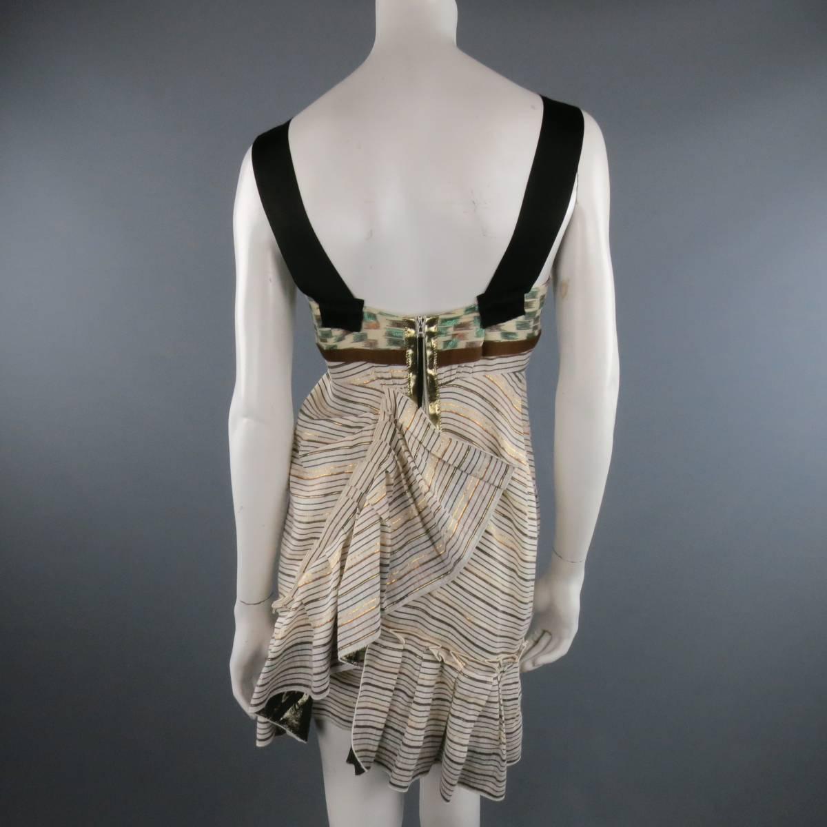 Women's MARC JACOBS Size 2 Cream Metallic Striped Linen Asymmetrical Pleated Dress