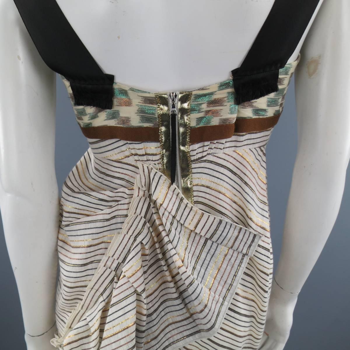 MARC JACOBS Size 2 Cream Metallic Striped Linen Asymmetrical Pleated Dress 1