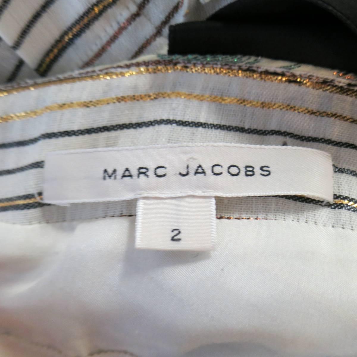 MARC JACOBS Size 2 Cream Metallic Striped Linen Asymmetrical Pleated Dress 3