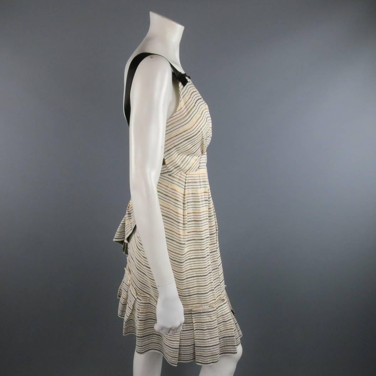 MARC JACOBS Size 2 Cream Metallic Striped Linen Asymmetrical Pleated Dress In Excellent Condition In San Francisco, CA
