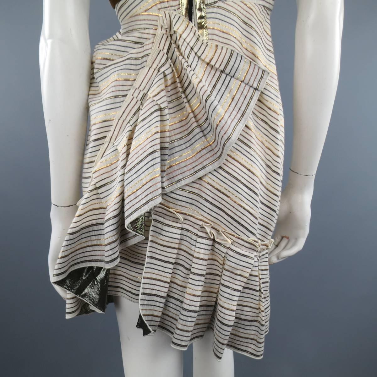 MARC JACOBS Size 2 Cream Metallic Striped Linen Asymmetrical Pleated Dress 2