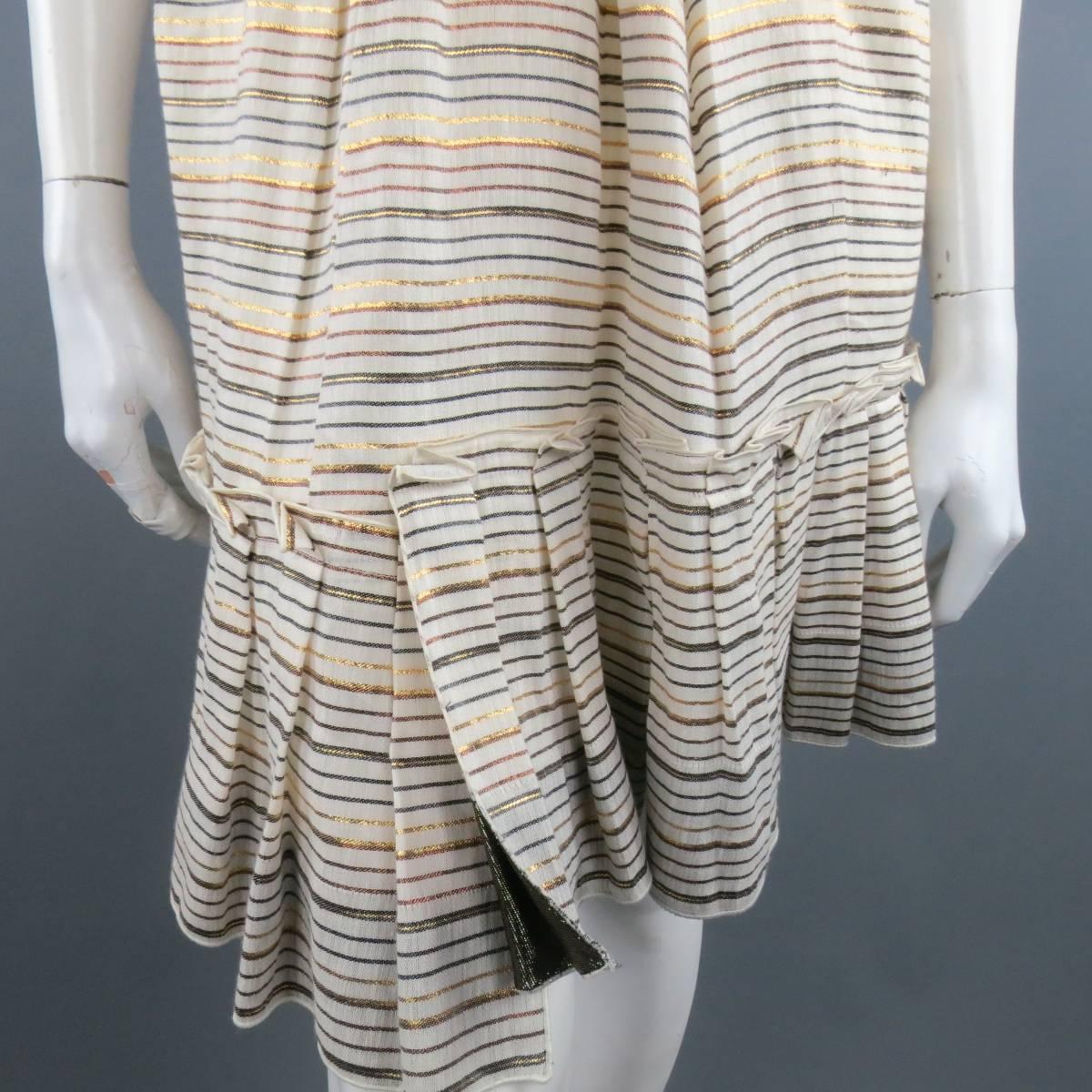 Brown MARC JACOBS Size 2 Cream Metallic Striped Linen Asymmetrical Pleated Dress