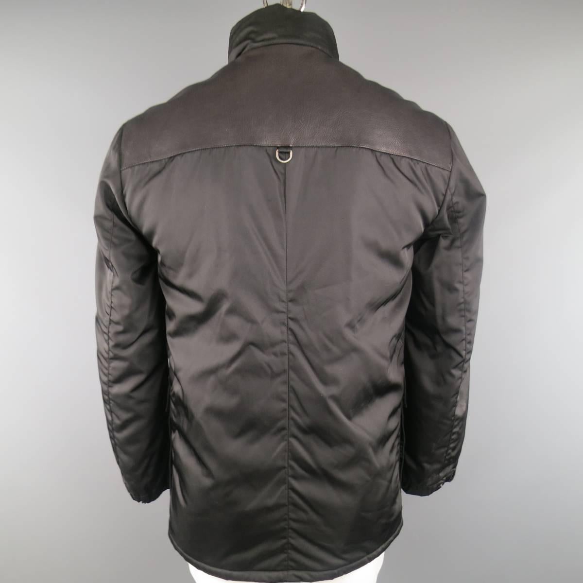 Men's PRADA 40 Black Patch Pocket Leather Shoulder Military Jacket 1