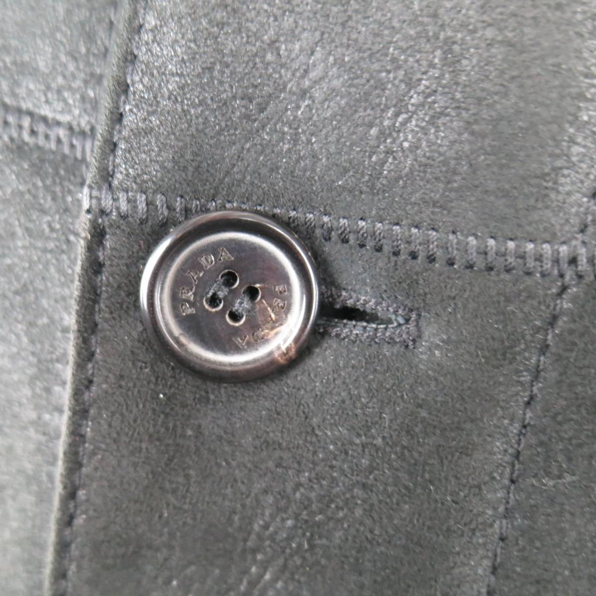 Men's PRADA 46 Black Shearling Collared Button Up Coat In Good Condition In San Francisco, CA