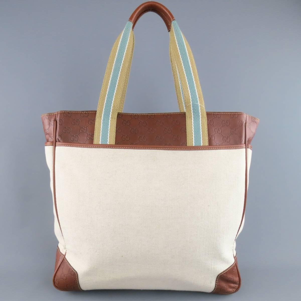 GUCCI Beige Canvas & Guccissima Embossed Leather Tote Bag 2