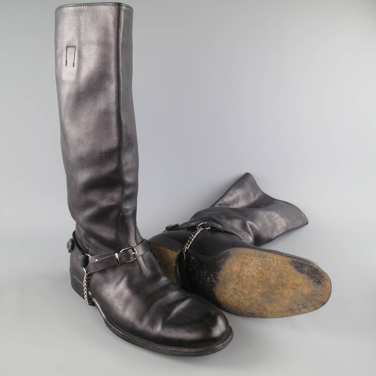 Men's GUCCI Size 11.5 Black Leather Horsebit Harness Knee High Biker Boots In Good Condition In San Francisco, CA