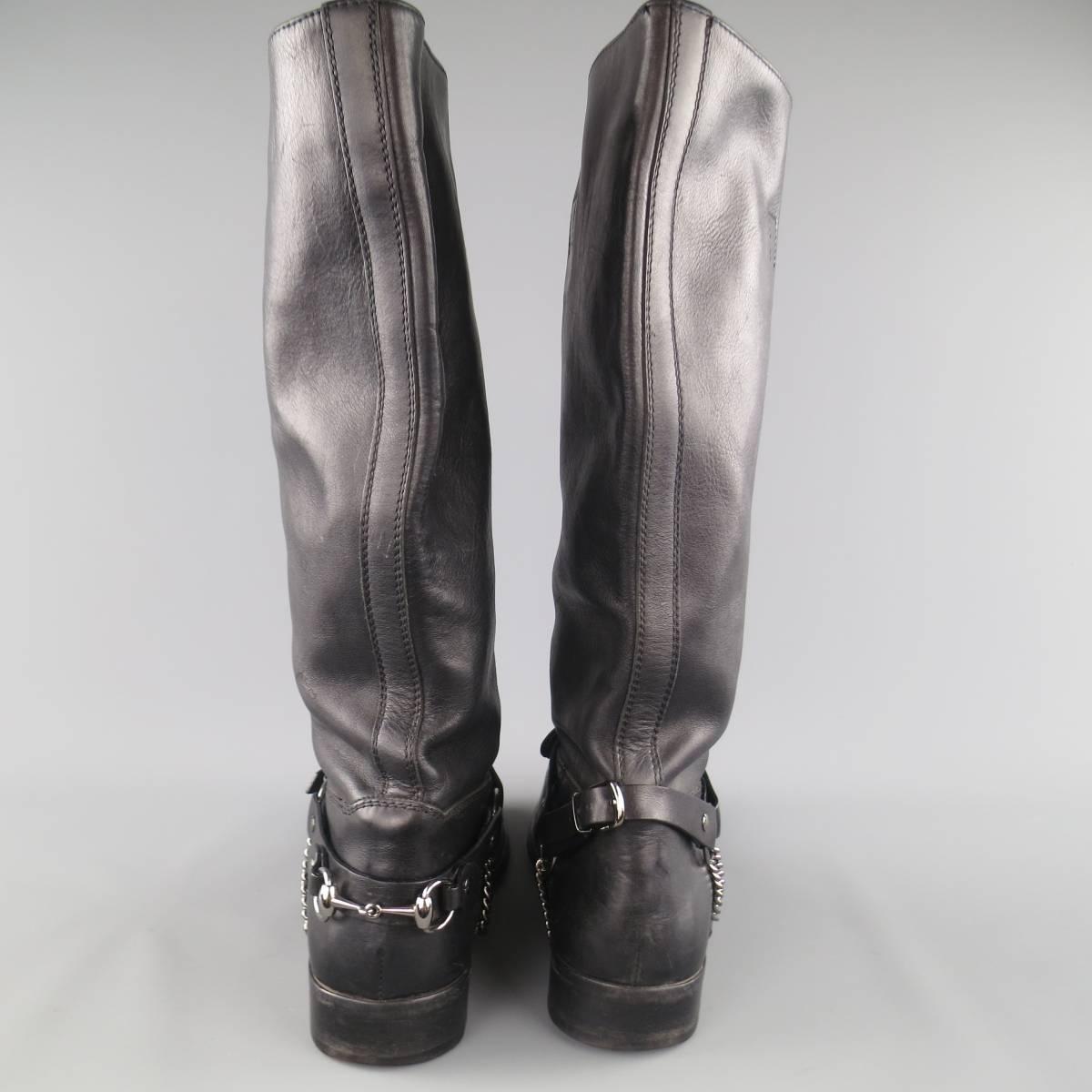 Men's GUCCI Size 11.5 Black Leather Horsebit Harness Knee High Biker Boots 1