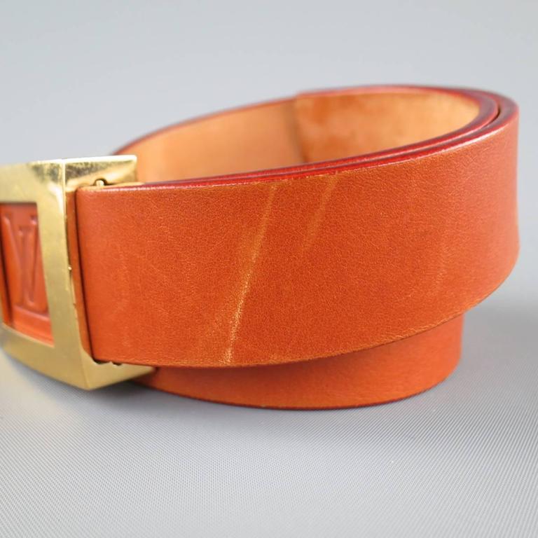LOUIS VUITTON Size 36 LV Monogram Embossed Tan Leather Gold Square Buckle Belt at 1stdibs