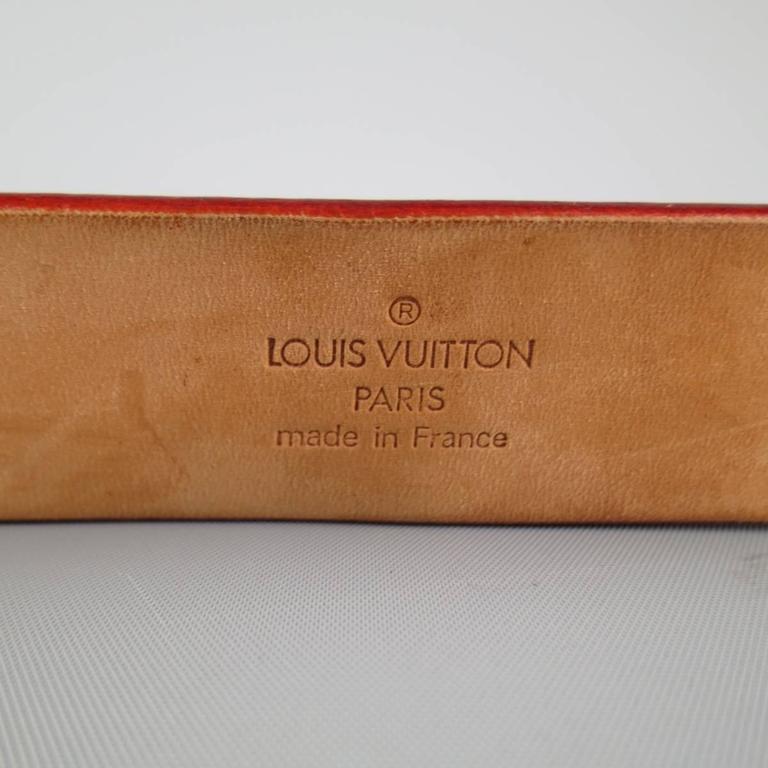 LOUIS VUITTON Size 36 LV Monogram Embossed Tan Leather Gold Square Buckle  Belt