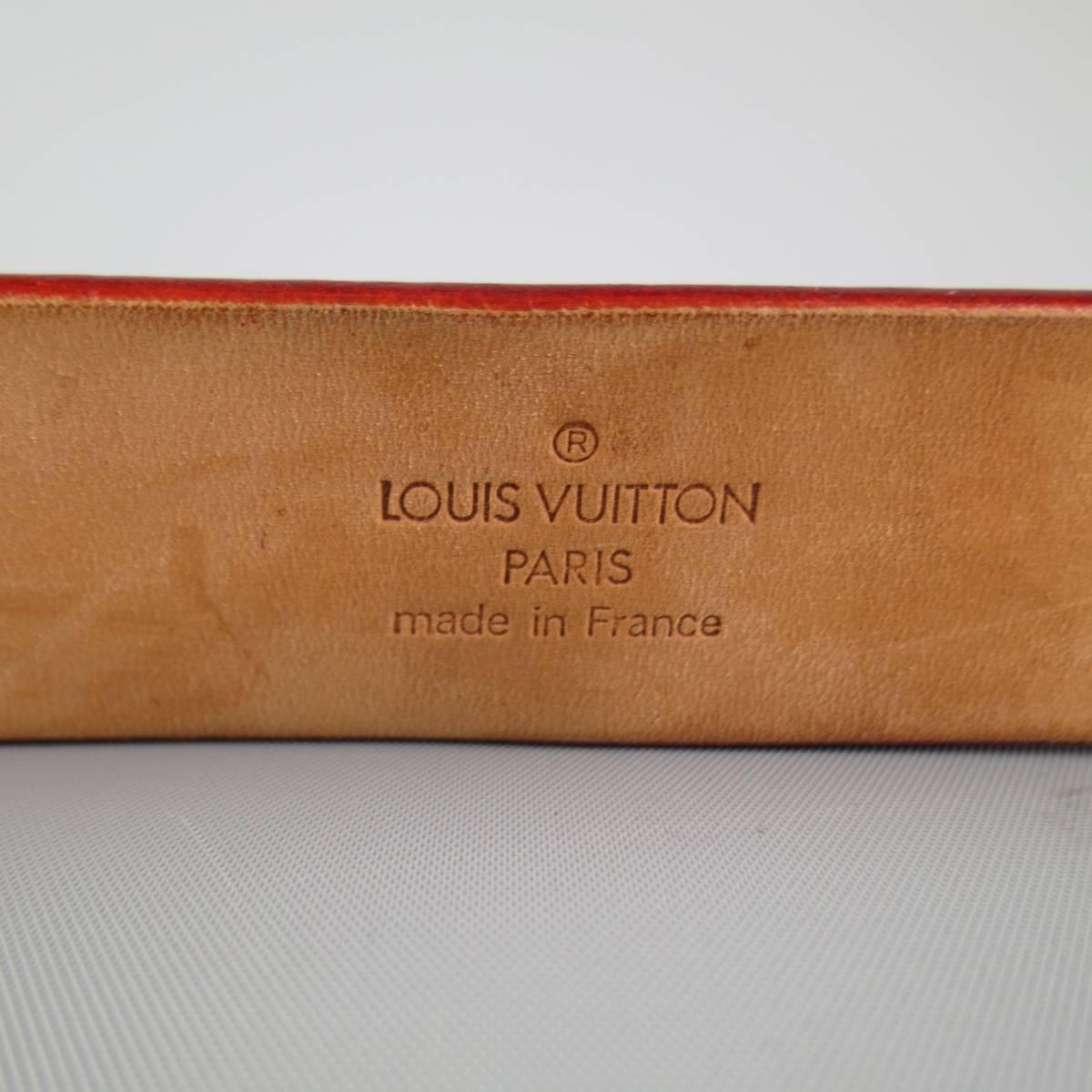 Brown LOUIS VUITTON Size 36 LV Monogram Embossed Tan Leather Gold Square Buckle Belt