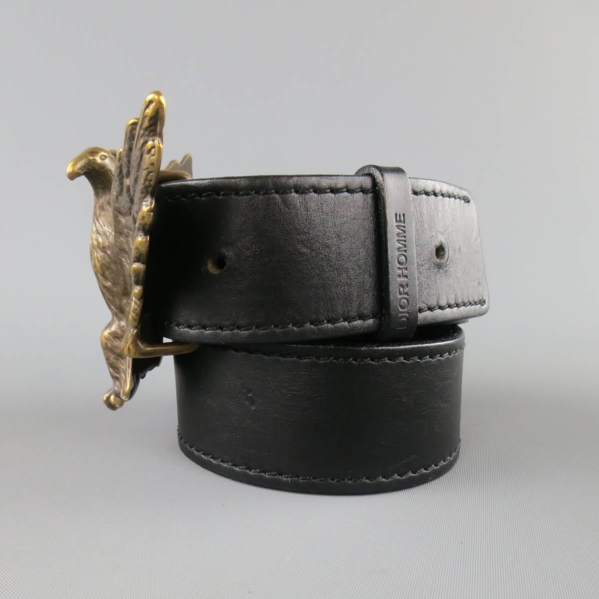 Men's DIOR HOMME by Hedi Slimane Size 36 Black Leather Gold Eagle Buckle Belt