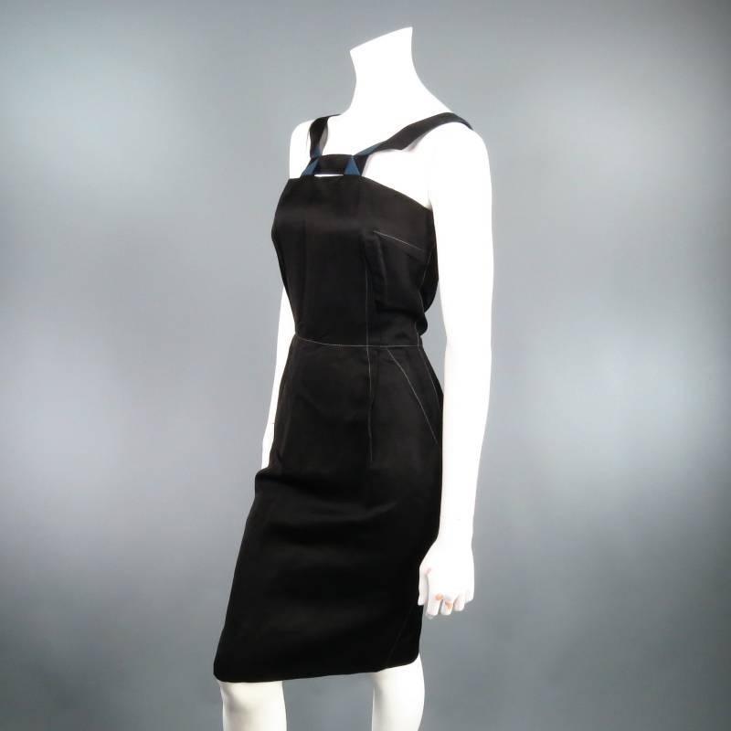 Women's LANVIN Size 6 Black & Teal V Geometric Neckline Cocktail Dress 2006