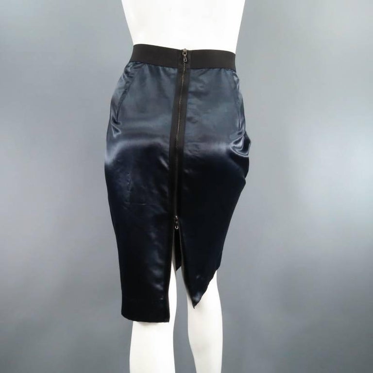 LANVIN Size 8 Navy Structured Satin Exposed Back Zip Pencil Skirt at ...