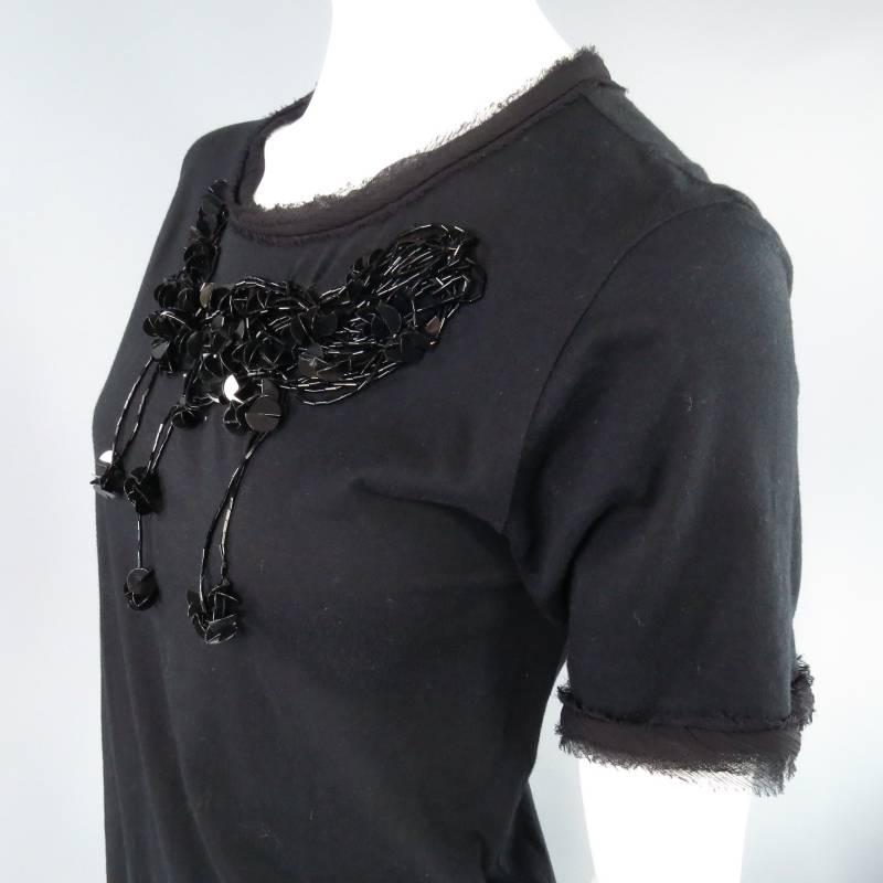 Women's LANVIN Size M Black Sequin Embellished Raw Edge Pullover T Shirt